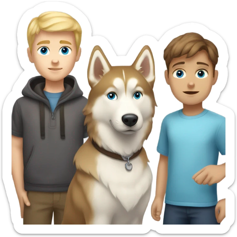 Brown hair boy, blond hair boy and a one golden Husky with blue eyes famille sticker