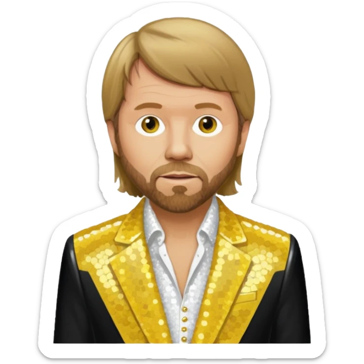 Björn Ulvaeus from ABBA with dark blonde hair, yellow sequin shirt, white sequin suit jacket sticker