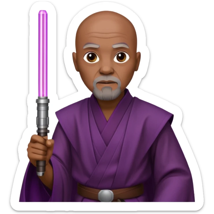 star wars master windu bald head, no facial hair, brown jedi outfit with purple lightsaber sticker