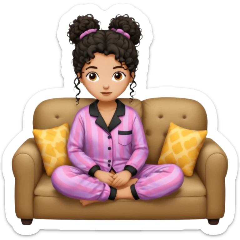 Tan girl, black curly messy hair in bun, on couch in pajamas sticker