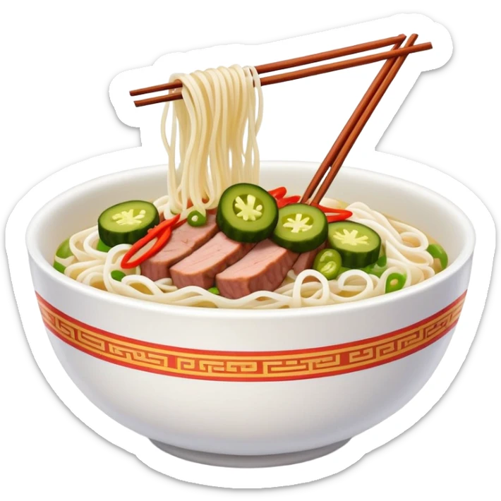 Guilin rice noodles with pickles and meat topping, simplified emoji style with bold outlines and bright colors, cartoon style rice noodle bowl sticker