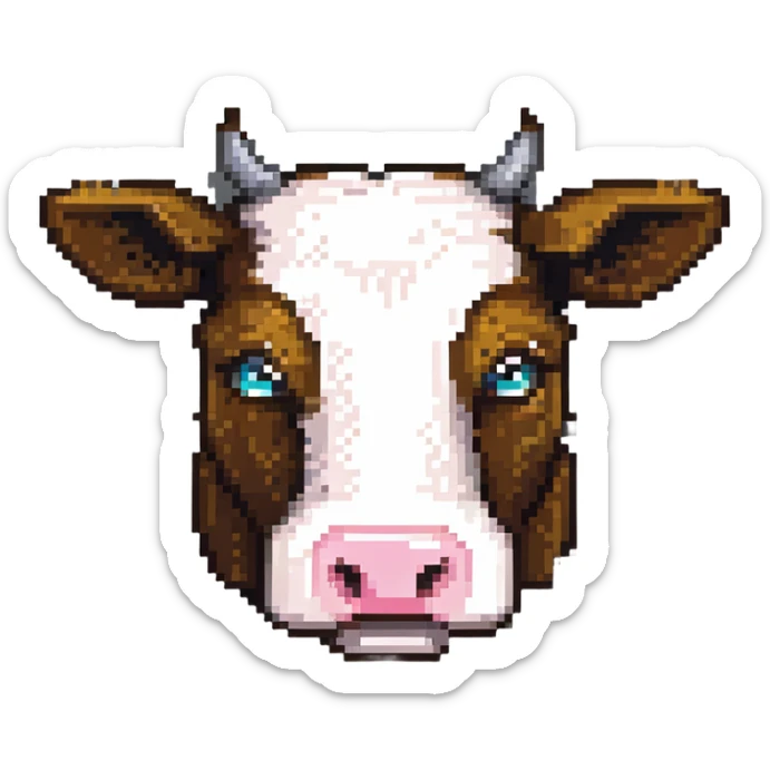ultra-minimal blocky Minecraft cow head emoji with one large colorful square pixel, extremely simple, abstract, playful, childlike sticker