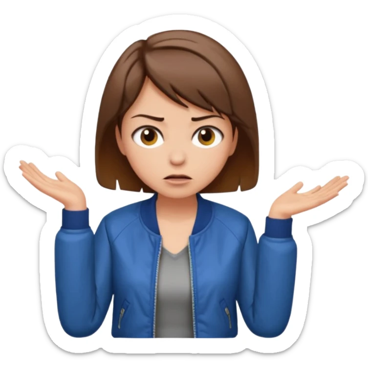 a woman with a brown short hair, looking at the left, frustrated, wearing a trendy jacket, only upper body, high quality sticker