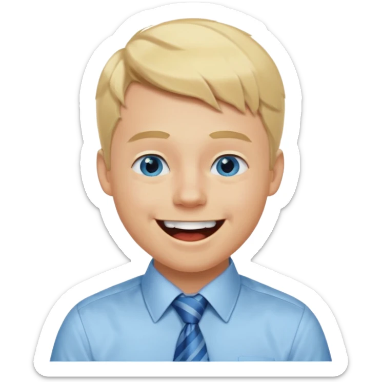 A young guy with blonde hair and blue eyes that looks masculine. make him wear a shirt with a tie. he is danish. He is laughing extremely hard. More extreme expression sticker