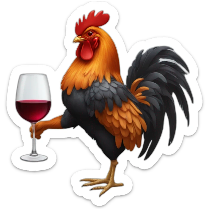 Rooster hanging a baguette and a glass of wine under his wings sticker