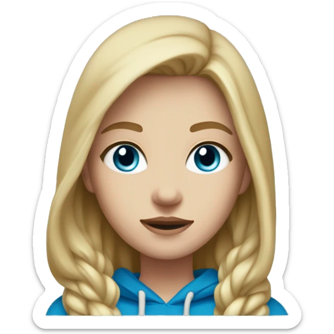 Girl with dirty blonde hair, white skin and blue eyes wearing a medium bloom hoodie sticker