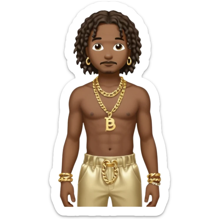 Bizzy Bone with dark brown hair, metallic cream baggy pants, shirtless with necklace sticker