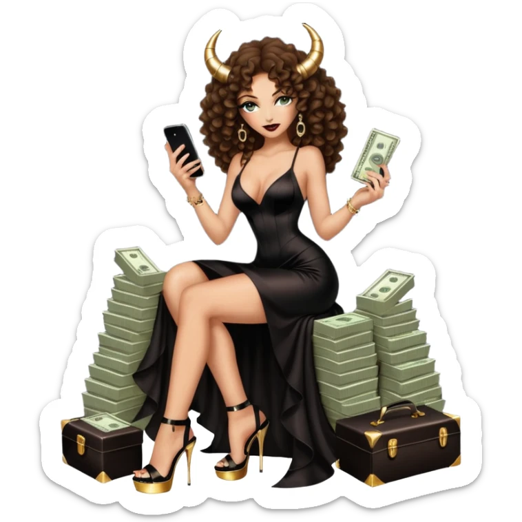 seductress evil brown curly haired sexy drug lord woman with clear glittery platform heels on her feet and devil black long silky sexy cutout dress, wearing black horns on her head, holding a stack of cash, has a phone in  other hand sticker