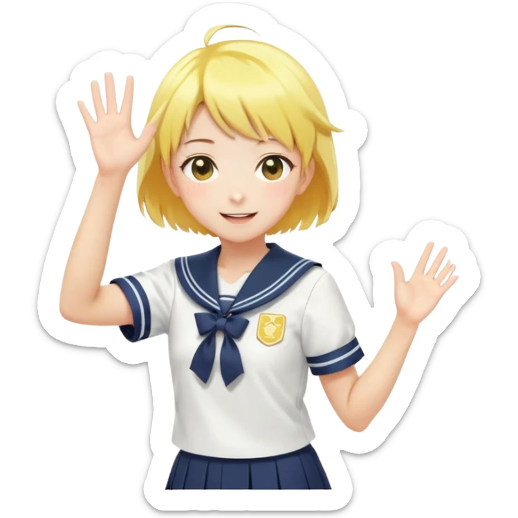 Anime girl with short bright yellow hair wearing Japanese sailor style school uniform, composed posture with hand on hip but energetically waving with other hand, excited smile and happy eyes sticker
