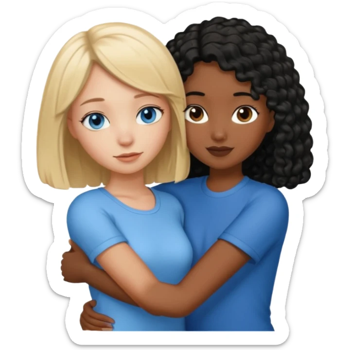 Girl best friends: one taller white girl with straight blond bob and blue eyesone shorter black girl with long black curly hair, hugging sticker