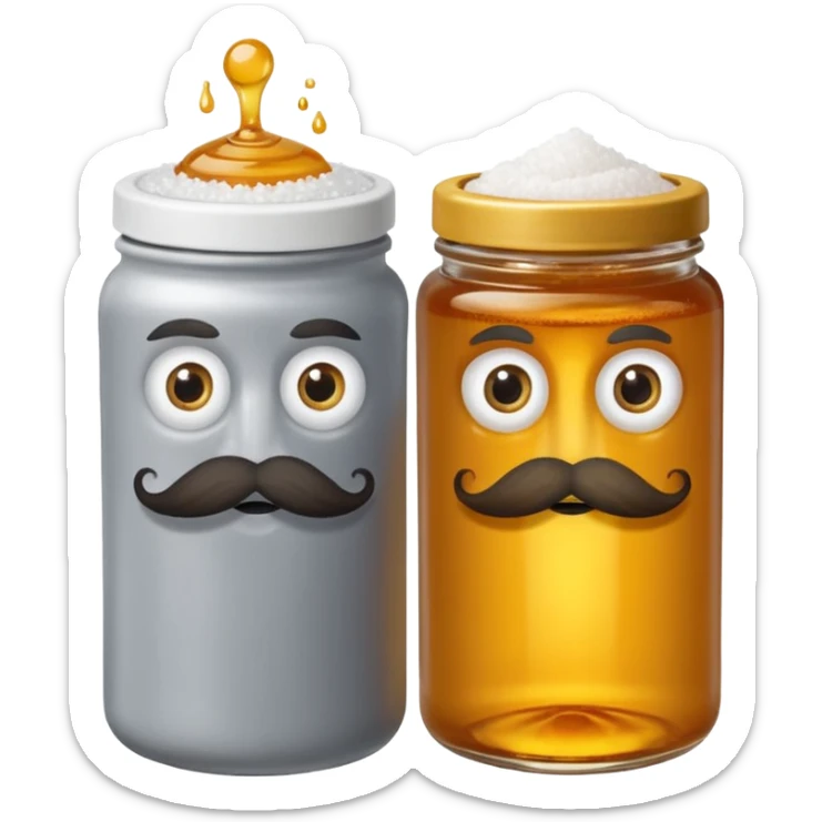 Garama and Madundung are together a gray container of salt and a honey container with a cloth on top. They each have eyes with white in the middle, a mouth, nose, and mustache both customary to their colors. They have hairy legs and emit an aura of salt (Garama), and honey (Madundung). sticker