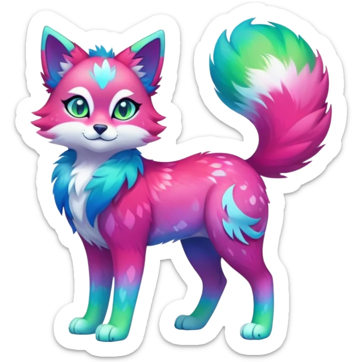 Vibrant multicolored neon-colored Falvie-Fionbri-creature-sparkle-feline-canine-hybrid-fursona, full body, fur pattern-markings sticker