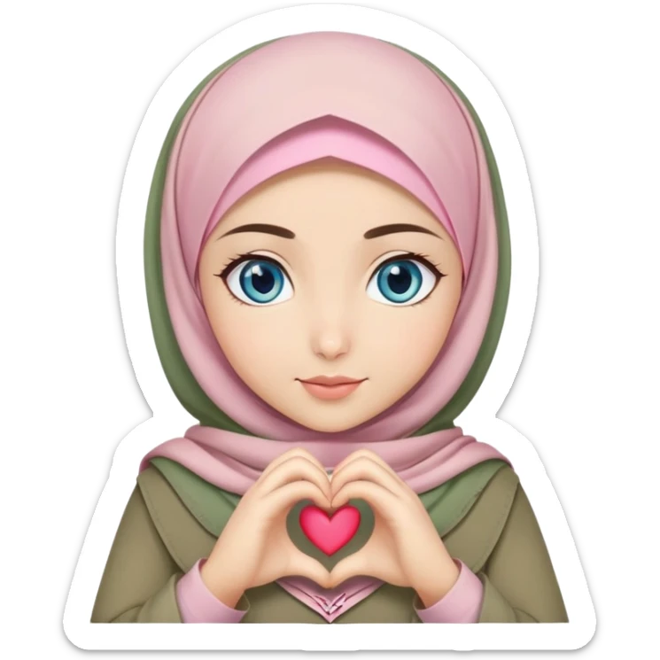 Turkish beautiful finish Konya girl blue eyes with khaki green and light pink hijab islamic dress and making heart with hands sticker
