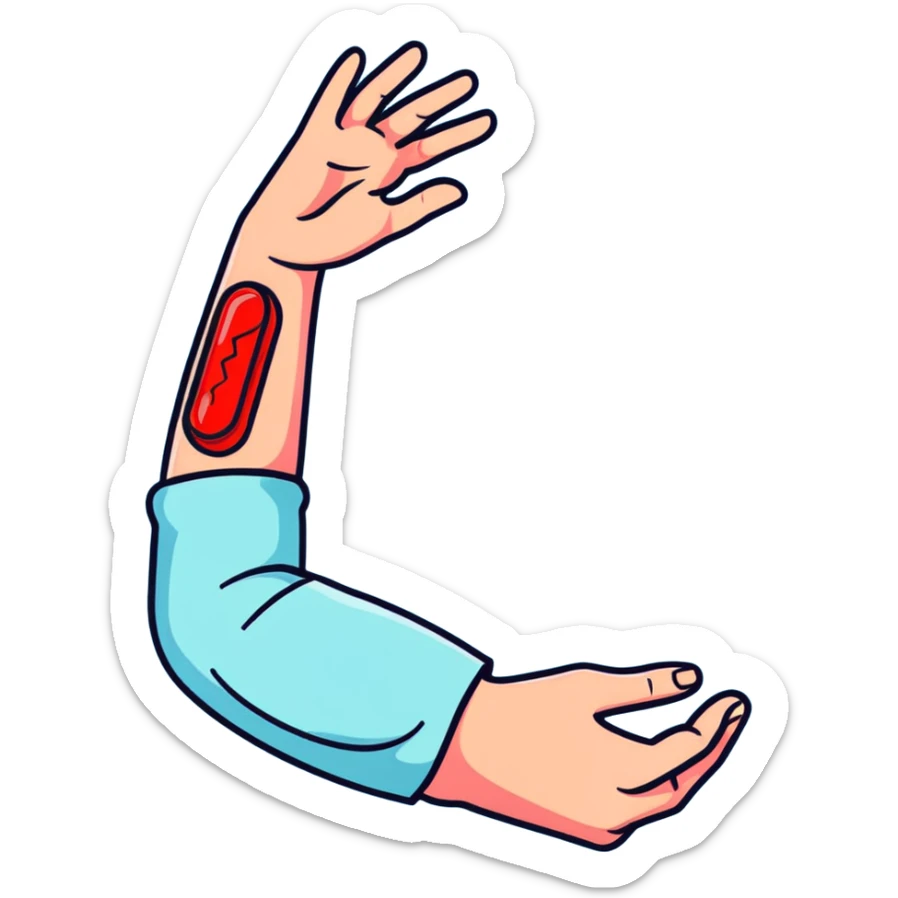 Forearm with allergy skin prick test showing red reaction bumps, 5 fingers visible at the wrist, medical procedure sticker