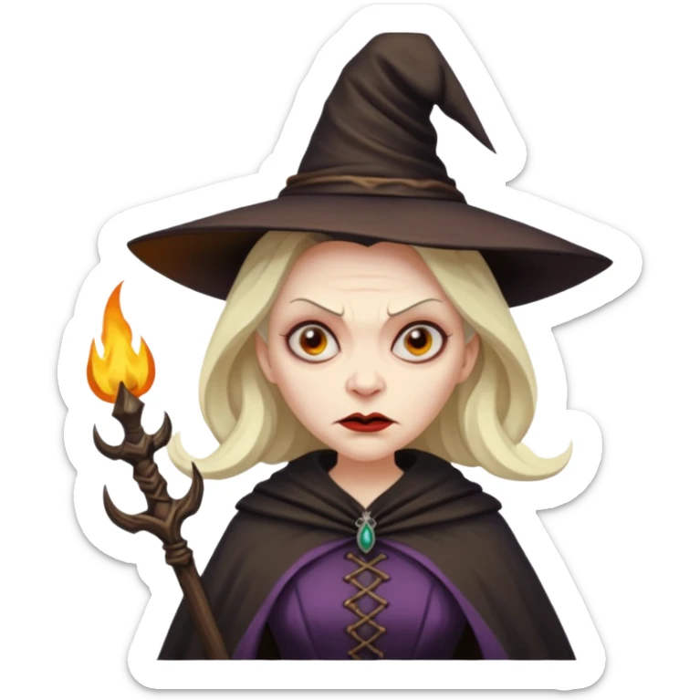 Pitonisa: mujer entre unos 40 y 50 años, cara de mala, malas intenciones, cara un poco deforme tipo bruja, y ropa antigua. cuerpo entero sticker