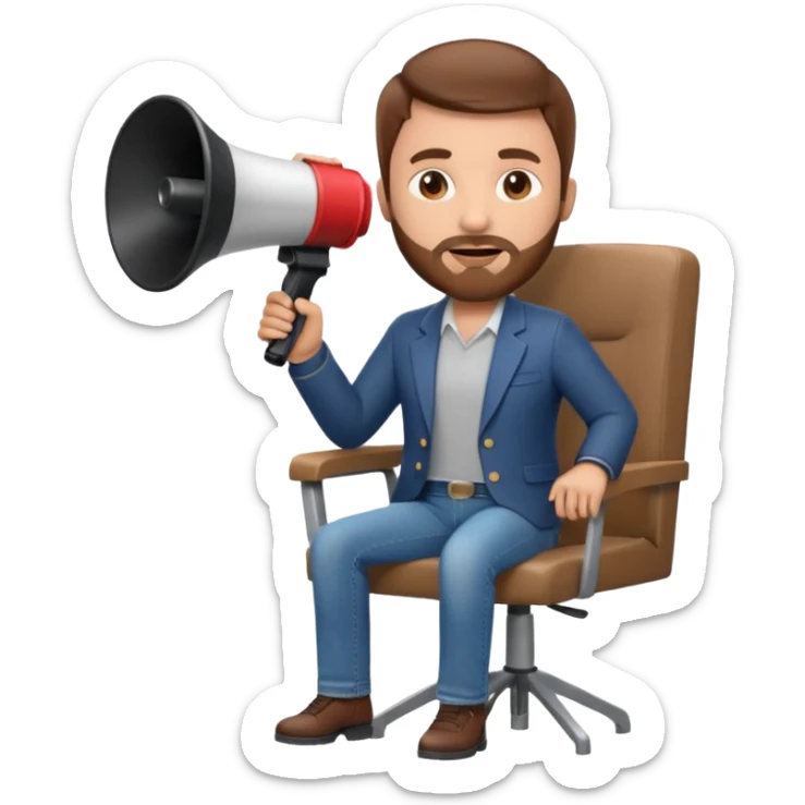 film director emoji with a modern megaphone and director's chair, brown hair and short beard, jeans and a undershirt with blazer top.  sticker