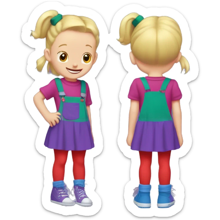 A little blonde girl with pigtails and little purple bows wearing a red long-sleeved shirt and purple overalls skirt with blue tights with green polka dots and purple sneakers, full body, rugrats sticker