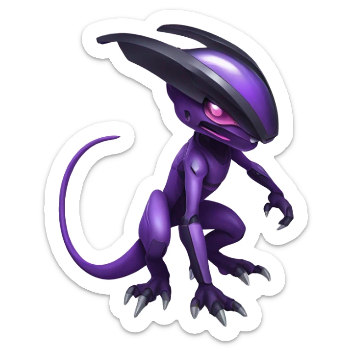 a shiny black-purple Genesect-Raptor-Fakémon—hybrid with a futuristic visor-helmet full body sticker