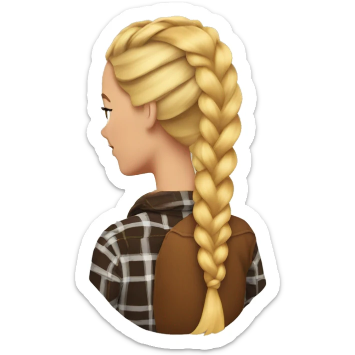 Woman with her back turned with a blonde hair braided wearing a brown and orange flannel sticker