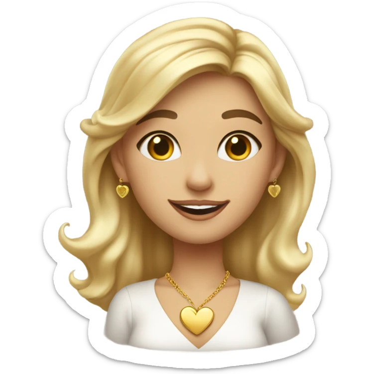 Smiling girl indoors with blonde highlights, gold earrings and a gold heart necklace wearing a v neck blouse blowing a kiss sticker