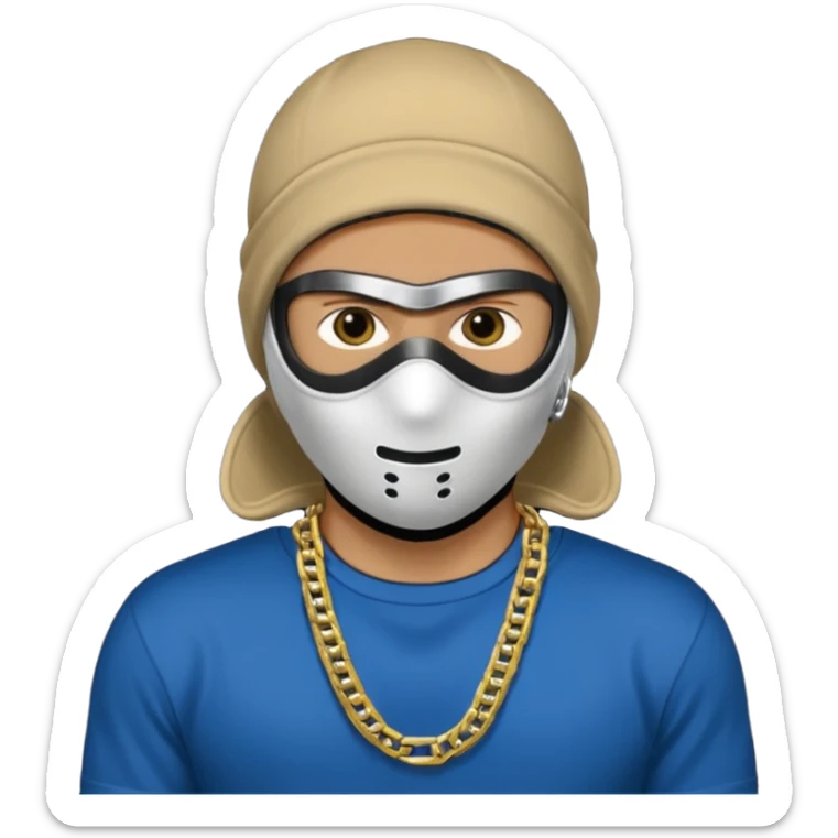 A white man with a ski mask on a black T-shirt and a gold chain around his neck sticker