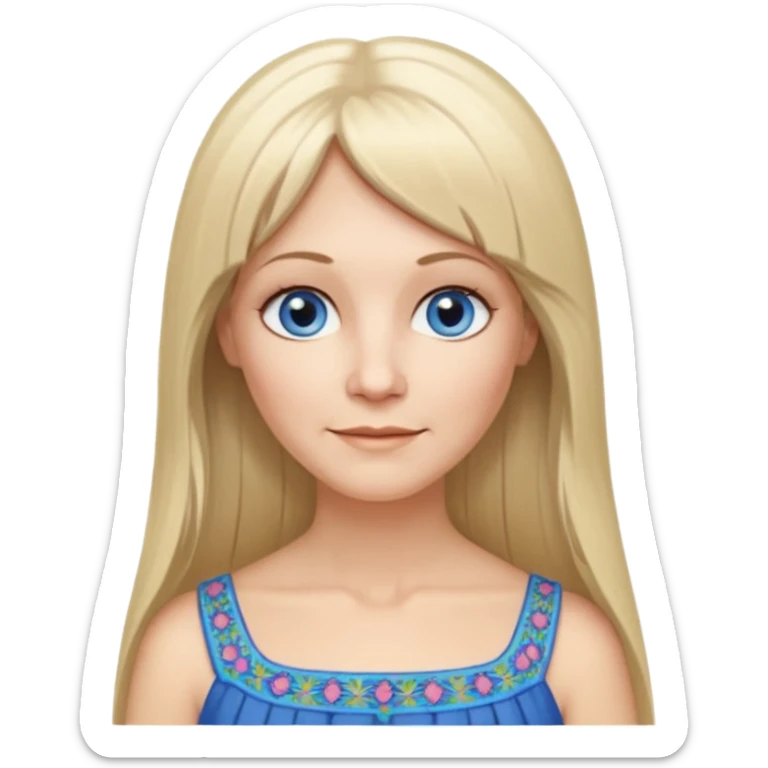 50 yr old white woman, hippie parted very long hair, short bangs, very long straight blond hair, oval face, small smile, blue eyes, thin face, hair downback, hair parted at center of head, round cheeks, pale, longer hair, white evening dress sticker
