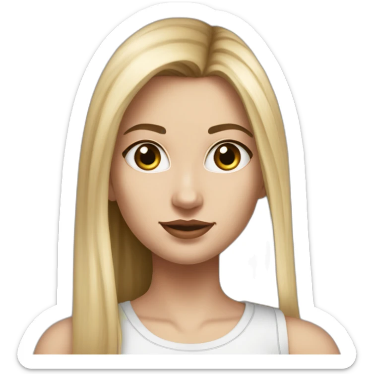 caucasian woman, with long straight hair, blonde hair, brown eyes, white tank top, gray tight mini skirt, black shoes, hyperrealist drawing sticker
