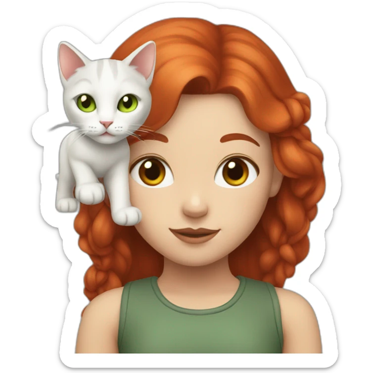 Girl with long red hair, a little dark, with a white cat on her head and gray green eyes sticker