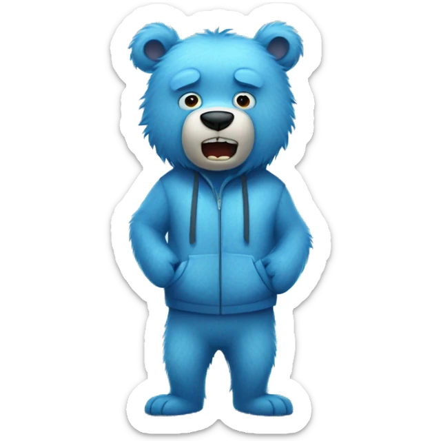 Teenager Fuzzy blue bear wearing clothes being scared and holding face  sticker