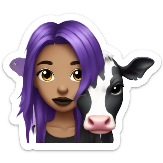 emo girl with lip piercings and big septum piercing and has purple hair streaks with her pet cow  sticker