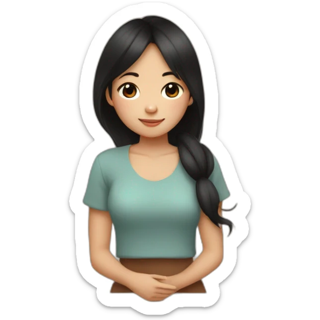 Asian girl with brown eyes and middle black hair and cute top cuddling a brown lovely monkey sticker
