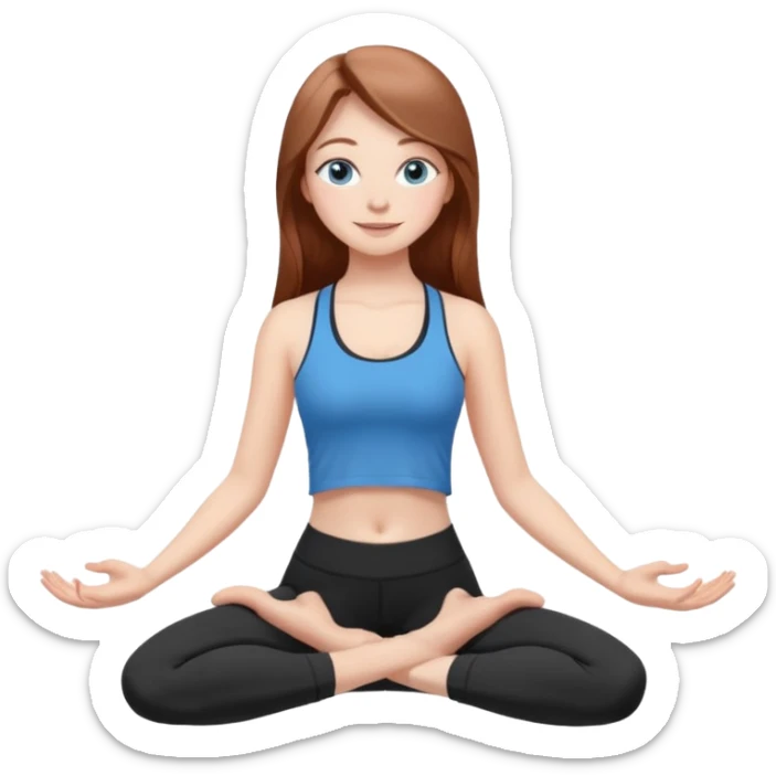 A girl with fair skin and a natural blush. Eyes are large, expressive, blue. Hair is long, straight, chestnut-colored. The smile is soft, friendly, doing yoga in a black top and leggings in a popular pose sticker