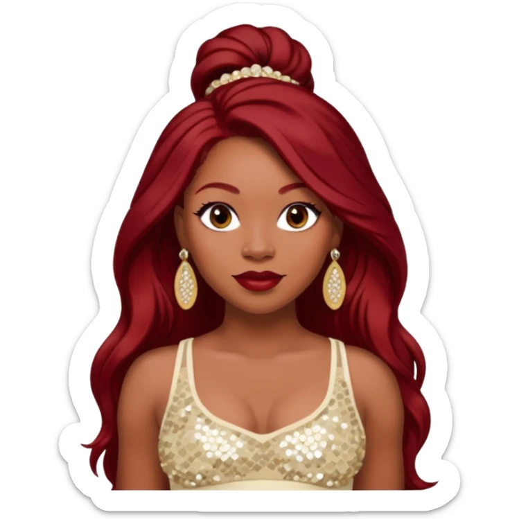 LaTavia Robeson with long dark red hair, ivory sequin crop top, ivory earring sticker