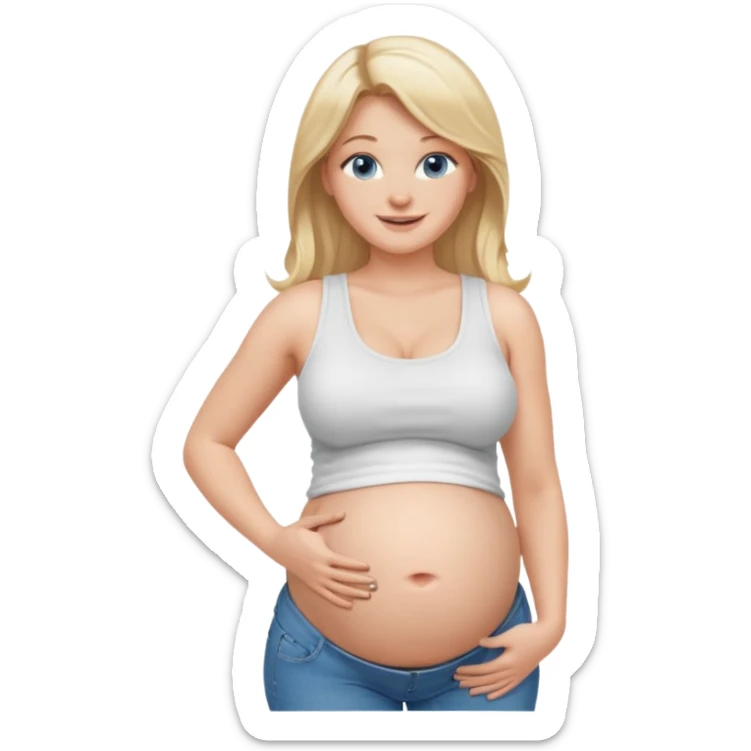White girl, long blonde hair, white tank crop top, smiling, bare midriff, blue eyes, huge round pregnant belly, jeans, side view sticker