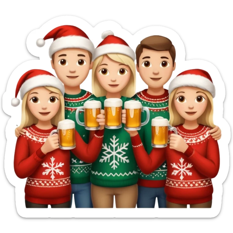 cozy Christmas scene with friends toasting beer mugs, Scandinavian jul style, festive atmosphere, warm colors sticker