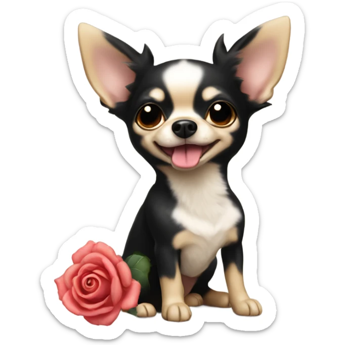 Cute fluffy Black and beige cartoon chihuahua holding a rose in mouth sticker