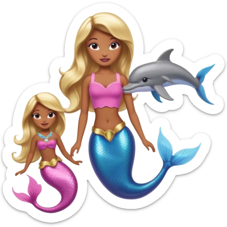 Brown skin blonde hair barbie mermaid with pink tail and dolphin  sticker