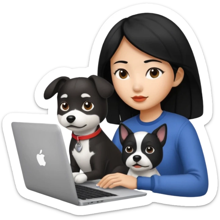 Asian girl with black hair working on an Apple laptop, next to her is a black and white dog sticker