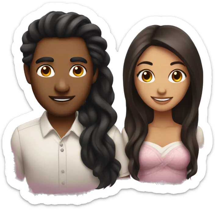 brown woman with long black hair and a brown man with girly hair in love sticker