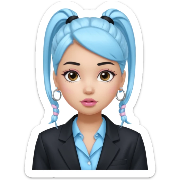 generate a pretty bratz girl wearing a light blue full sleeve shirt. silver small hoops, pink lipgloss, black blazer. black hair tied up in a ponytail sticker