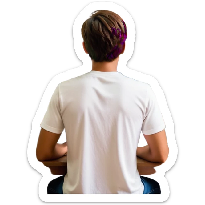 A man seen from behind, with detailed, well-lit hair. He is sitting in front of an open MacBook on a desk. On the MacBook screen, the Instagram logo is clearly visible and glowing. The scene has a modern, minimalistic aesthetic with natural lighting and a sharp, high-resolution look. sticker