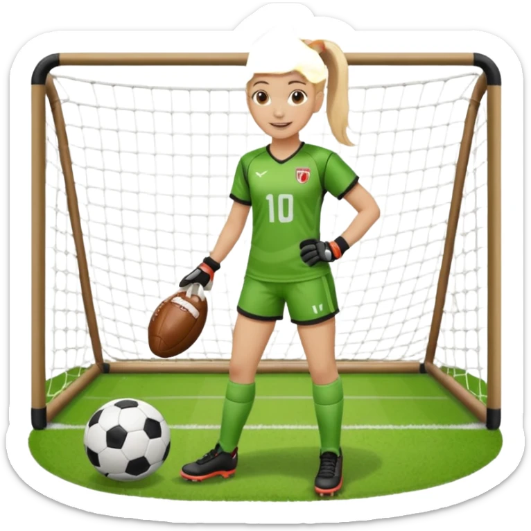 Make a dirty blonde football goalkeeper with goalkeeper gloves on holding a football. The girl is light skinned and wearing a football kit and football shoes. Standing in front of football goal. Wearing a ponytail with the dirty blonde hair. Without a American football ball sticker
