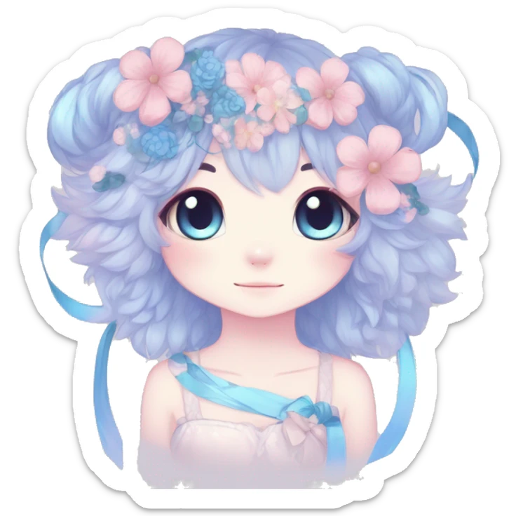 Anthro Cute Cool Blushing Pastel Innocent Shy Kawaii gorgeous sparkly ethereal fantasy anime animal creature with blue eyes furry sona with flowers and ribbons beautiful aesthetic sticker