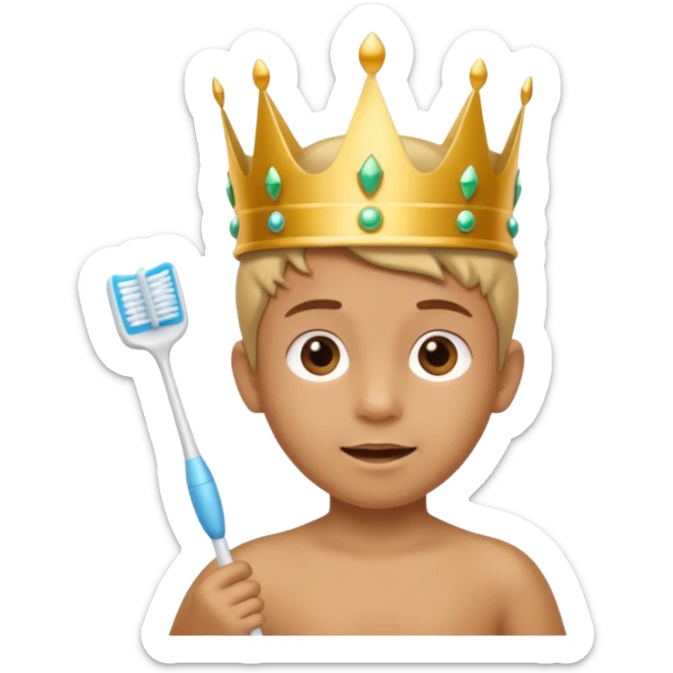 Creat an emoji for child with wearing small crown and flying holding toothbrush sticker