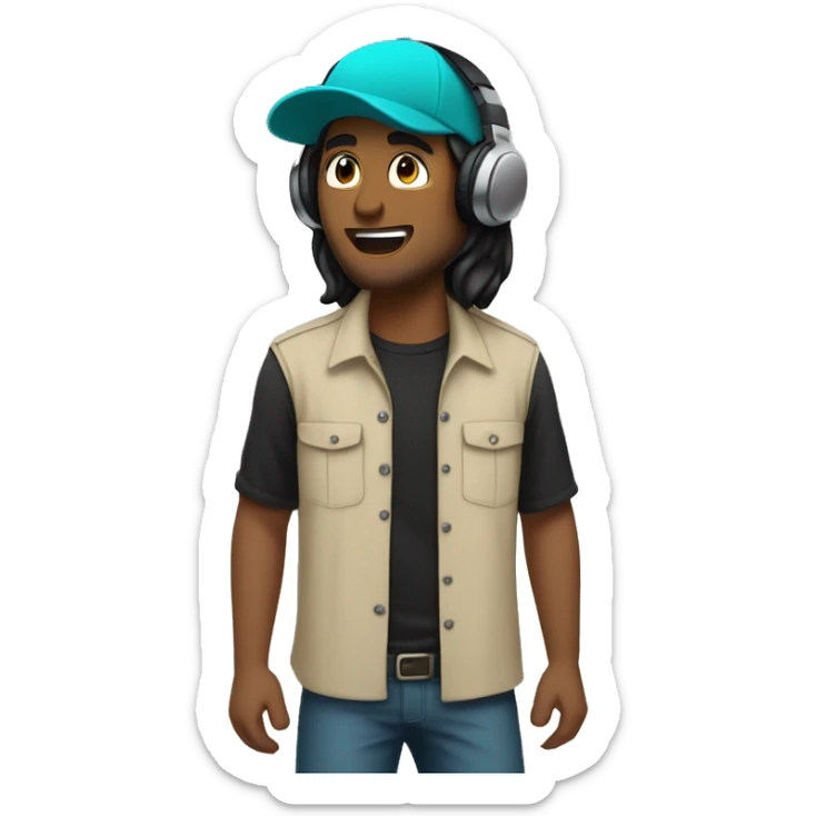 Generate an emoji of a guy wearing a turquoise cap with long black hair, a black unbuttoned shirt, and a solid beige undershirt. He is in headphones.  sticker
