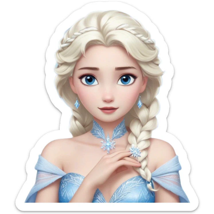 Cinematic Realistic Elsa Portrait, depicted with lifelike skin texture, soft natural lighting, and intricately detailed platinum blonde hair styled elegantly. Her striking, expressive blue eyes exude confidence and grace, complemented by a serene and regal expression. She holds a shimmering snowflake delicately in one hand, her other hand resting against her gown, embodying the power and beauty of winter. She is dressed in her signature icy attire, with shimmering fabric textures and delicate folds that catch the light beautifully. The portrait features a soft, enchanting glow with a cool, radiant finish, capturing the essence of timeless elegance in a realistic and painterly style. sticker