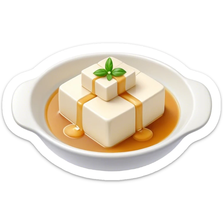 Cinematic Realistic Silken Tofu Dish Emoji, depicted as soft, smooth tofu in a delicate sauce rendered with lifelike detail and gentle, natural lighting. sticker