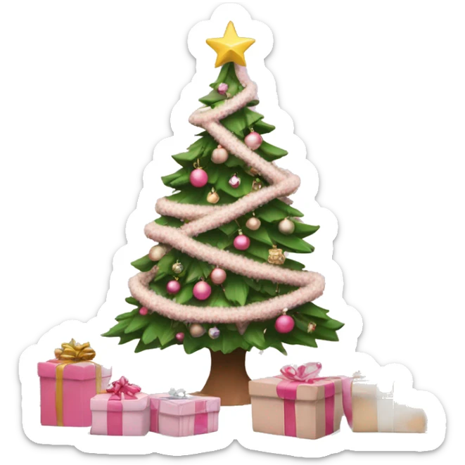 A decorated Christmas tree with snow on and pink and beige presents infront  sticker