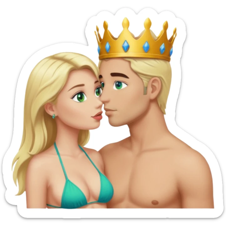 Blonde Queen Green eyes with crown in Bikini kissing Male subject without crown dark Hair blue eyes sticker