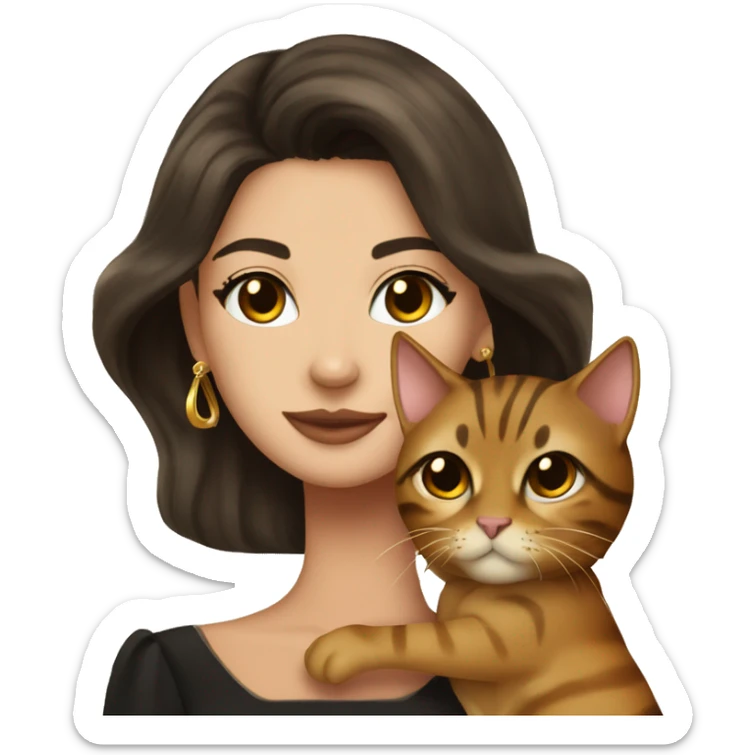 Beautiful skinny woman long dark brown hair in dark dress with gold earrings hug bengal cat sticker